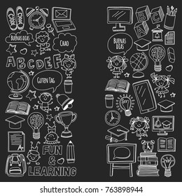 Blackboard Vector doodle set Children language school Kindergarten kids Pattern with doodle kids drawing style icons Play and study and grow Creative images for college, university, school