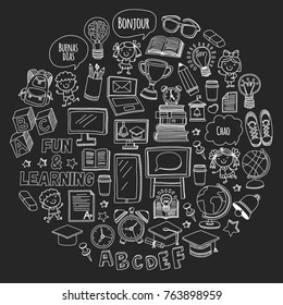 Blackboard Vector doodle set Children language school Kindergarten kids Pattern with doodle kids drawing style icons Play and study and grow Creative images for college, university, school