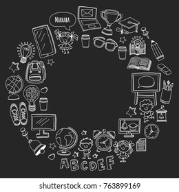 Blackboard Vector doodle set Children language school Kindergarten kids Pattern with doodle kids drawing style icons Play and study and grow Creative images for college, university, school
