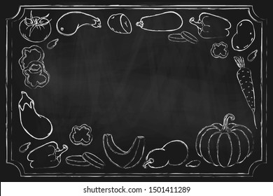 blackboard vegetables. Vector hand drawn background with different farm vegetables on blackboard. Healthy vegan food sketch illustration. chalkboard vegetables frame design for shop menu poster banner