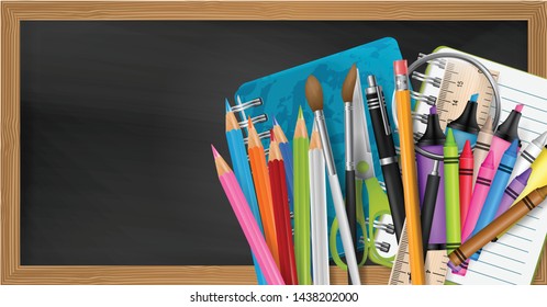 Blackboard with wooden frame and chalk stains. School design with realistic supplies for education - notebook, pencils, brush, pen, ruler, magnifing glass. Vector illustration.