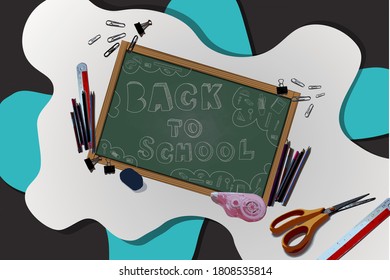 blackboard written icon about school and learning written by colorful chalk and have word "Back to school on board.The board around with school equipment like pen,  paper clip, pencil, eraser.