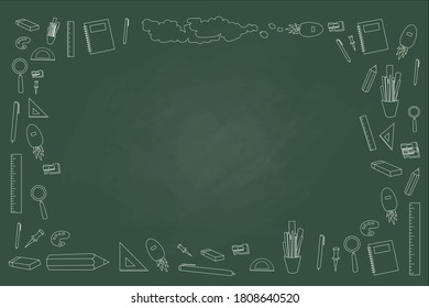 blackboard written icon about school and learning written by colorful chalk a.The board around with school equipment like pen,  paper clip, pencil, eraser.
