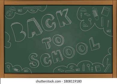 blackboard written word are " Back to school" with icon about school and learn (written by chalk)