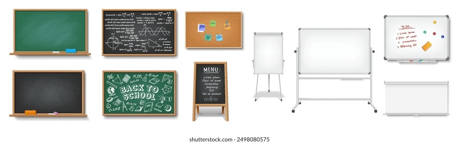 Blackboards for information presentation realistic vector illustration set. School and office equipment 3d objects on white background