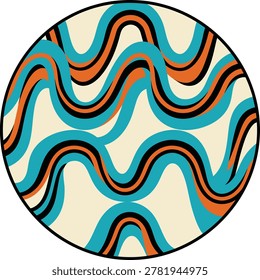 A black-bordered circle contains an abstract pattern of wavy, layered lines in cream, teal, orange, and black.