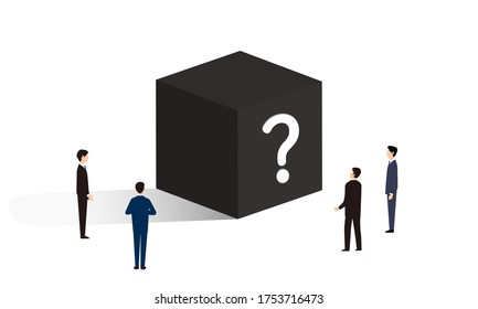 blackbox with question mark,people standing,business scene,vector illustration,white isolated