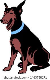 A black-brown dog sits with an elongated tongue.