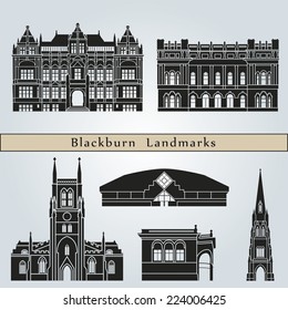 Blackburn landmarks and monuments isolated on blue background in editable vector file