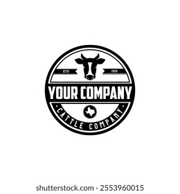 BlackCircular cattle company and logo white featuring a bold cow head graphic circular. Texas state outline, and featuring ESTD a cow head 2020.