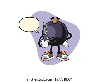 Blackcurrant barber with speech bubble cartoon. Mascot Character vector.