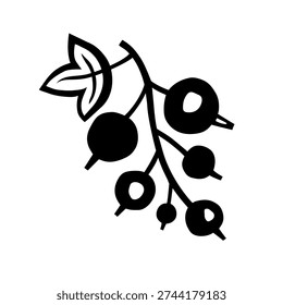 Blackcurrant branch with ripe berries and leaf sketch. Ink black hand drawn line illustration on white background. Black currant for botanical designs, food packaging, healthy eating graphics, jam labels, herbal illustrations, or minimalist nature decorations.