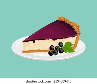 Blackcurrant cheesecake on white plate isolated. Vector illustration of sweet milk berry cake in cartoon flat style.