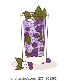 Blackcurrant Drink with Ice Cubes, Purple Berries currant and Mint Leaves. Summer Refreshing healthy Cocktail in glass. Vector Illustration