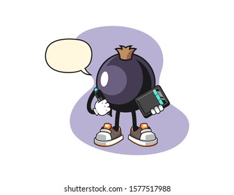 Blackcurrant graphic designer with speech bubble cartoon. Mascot Character vector.