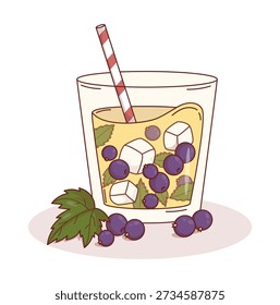 Blackcurrant Iced Tea. Refreshing Lemonade with Ice Cubes. Berry Summer Drink with Striped Straw and Mint in Glass. Vector Illustration