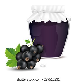 Blackcurrant jam in a jar and fresh blackcurrant - isolated on white background. Vector illustration.
