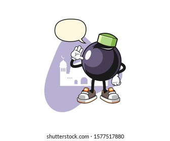 Blackcurrant muslim with speech bubble cartoon. Mascot Character vector.