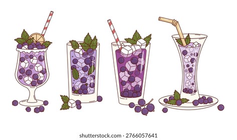 Blackcurrant Purple Cocktail Set. Refreshing Drinks with Black Berries in Glasses. Fresh Isolated Summer Lemonade with Berry, Ice Cubes and Mint Leaves. Vector Illustration
