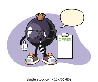 Blackcurrant salesman with speech bubble cartoon. Mascot Character vector.