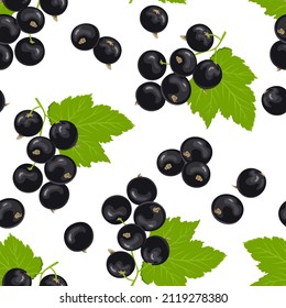 Blackcurrant seamless pattern. Fresh ripe berry and green leaves vector background. Cartoon flat illustration.