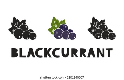 Blackcurrant, silhouette icons set with lettering. Imitation of stamp, print with scuffs. Simple black shape and color vector illustration. Hand drawn isolated elements on white background
