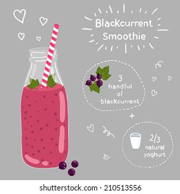 Blackcurrant smoothie recipe. With illustration of ingredients. Doodle style