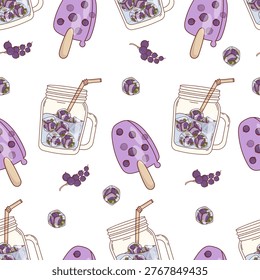 Blackcurrant Summer Dessert Seamless Pattern. Refreshing Mason Jars Drink, Berry Ice Cubes and Fruit  Popsicles on Stick on White Background. Cold Berries Treats Wrapping Paper. Vector Illustration