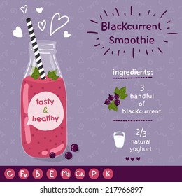 Blackcurrent smoothie recipe. With illustration of ingredients and vitamin. Doodle style