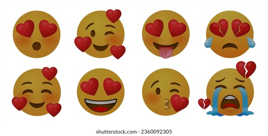 Blacked ut Emoticon and emoji with heart vector faces set. Emoticons of red heart with in love, broken, kissing, surprise and funny cute expression isolated in white background. Vector illustration 10