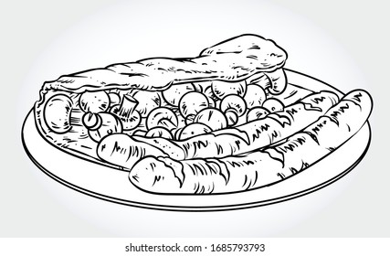 Dibujo vectorial blanco ennegrecido de un tortilla con champiñones y salchichas a la parrilla en un plato.