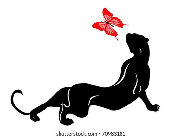 blackenning panther plays with butterfly