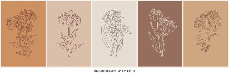 Black-eyed Susan flower Line art Drawing Print Set. Rudbeckia Botanical Poster. Modern Line Art, Aesthetic Contour. Perfect for Home Decor, Wall Art, tattoo, logo, jewelry design. Vector illustrations