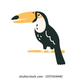 Black-feathered toucan with large yellow beak. Tropical Southern American tucan bird sitting on tree branch. Colored flat vector illustration of exotic tukan isolated on white background