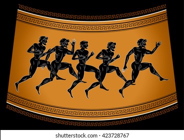 Black-figured runners in antique style. Illustration in the ancient greek style. Sport concept illustration.