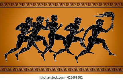 Black-figured runners with the torch. Illustration in the ancient greek style. Sport concept illustration.