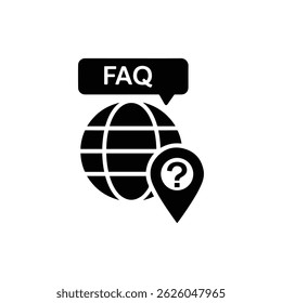 Black-filled FAQ globe icon with question and location symbol