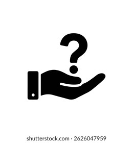 Black-filled FAQ hand holding question symbol solid fill