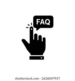 Black-filled FAQ hand pointing up with question mark on finger