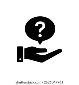 Black-filled FAQ hand wave icon with question above palm