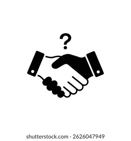 Ícone de handshake de FAQ preenchido em preto com preenchimento de pergunta no meio