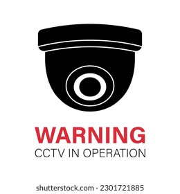 Black-filled security camera with text Warning - CCTV is operation. Plate. Spherical camera lens. Safety system. Isolated. Vector illustration.
