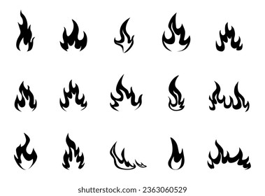 Blackfire icons. Black flames and fire silhouettes, grill hot symbols. Combustible substance fiery logo, monochrome flaming nowaday vector set