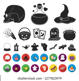 black,flat and white magic black,flat icons in set collection for design. Attributes and sorceress accessories vector symbol stock web illustration.