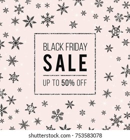 Black-Friday-Sale Vector Banner. Stylish winter template with black snowflakes, shiny stars, sparkles, silver glittering frame on soft pink backdrop. Trendy colors. Design for flyer, discount card