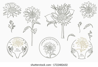 Black,gold flower collection with flower,leaves,geometric.Vector illustration for icon,sticker,printable and tattoo