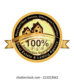 Black-gold vector real estate label. Buy-Sell-rent houses, offices and Properties. Satisfaction Guaranteed. Real Estate and Letting Agency - elegant vector stamp (label) with house shapes