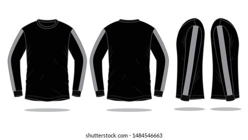 Black-Gray Long Sleeve T-shirt Design On White Background.
Front, Back and Side View, Vector File.