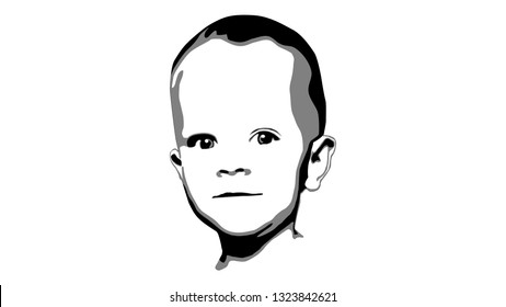 Black-gray-white portrait of a child on a white background. Perfect for a poster in the style of pop art or advertising of children's products.