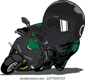 Black-Green Racer Riding Sport Motorcycle lead in curve with speed Cartoon Mascot